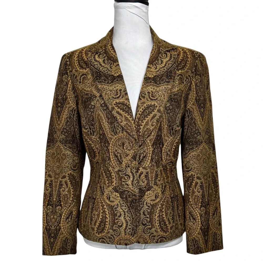 Vintage Paisley Tapestry Blazer Brown Gold Tailored Jacket 12 P Fits Sz Medium P